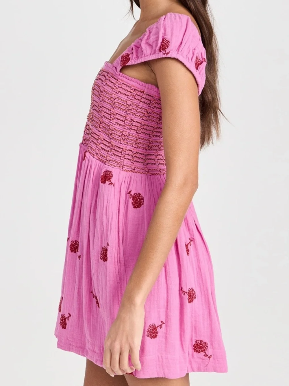 NWT Free People Tory Embroidered Mini Dress Pink Smocked Floral Boho Size Large - Picture 9 of 16
